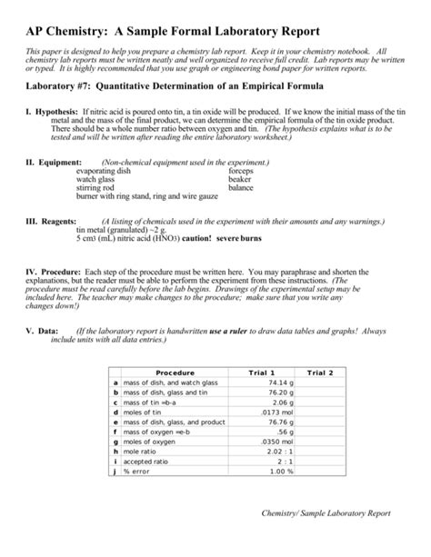 laboratory analysis sheet|chemistry lab report format.